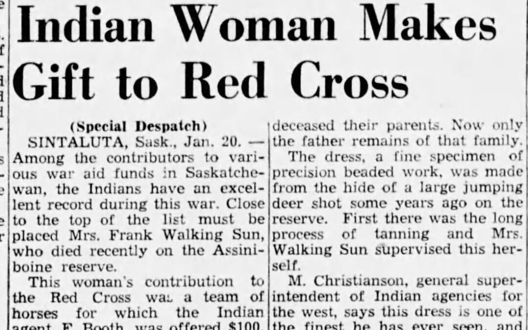 Mrs. Walking Sun donates beaded dress to Red Cross